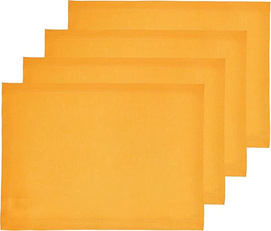 Solino Home Linen Cloth Placemats Set of 4-100% Pure Linen Tangerine Yellow Placemats 14 x 19 Inch - Fete