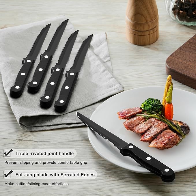 E-far Black Silverware Set with Organizer, 49-Piece Stainless Steel Flatware Cutlery Set for 8 with Tray and Steak Knives, Kitchen Metal Eating Utensils Tableware Sets, Mirror Polished & Rust Proof