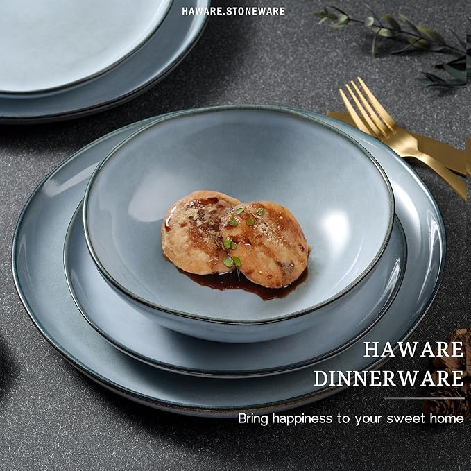 HaWare Dish Set for 4, 12-Piece Stoneware Dinnerware Sets, Round Plates and Bowls Set, Ceramic Dishware for Home Restaurant, Crack and Scratch Resistant, Microwave and Oven Safe, Reactive Foggy Blue