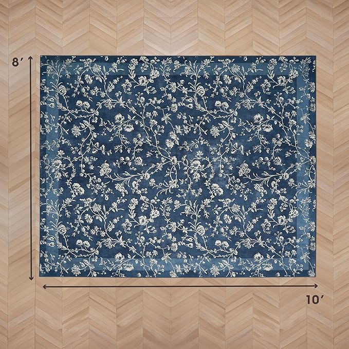 Laura Ashley Dark Navy Aria Floral Border Machine Washable & Slip Resistant 8' x 10' Area Rug