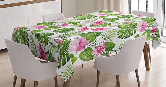 Ambesonne Leaf Tablecloth, Hawaiian Hibiscus Crystal Pink Flower with Palm Tree Leaves Art Print, Rectangular Table Cover for Dining Room Kitchen Decor, 60" X 90", Green Pink