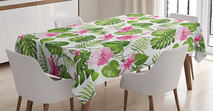 Ambesonne Leaf Tablecloth, Hawaiian Hibiscus Crystal Pink Flower with Palm Tree Leaves Art Print, Dining Room Kitchen Rectangular Table Cover, 52" X 70", Green Pink