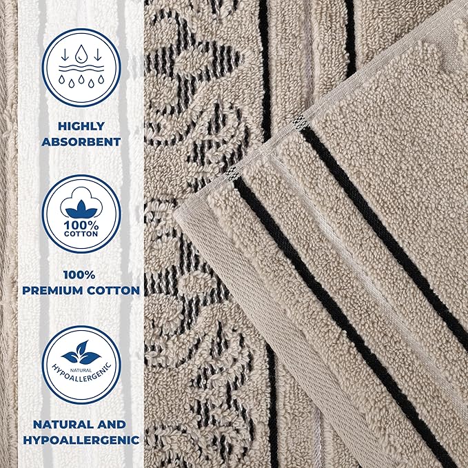 Superior Cotton 3 Piece Towel Set, Includes 1 Bath, 1 Hand, 1 Washcloth/Face Towel, Quick Dry, Home Essentials, Shower, Spa, Luxury Plush Soft Absorbent Towels, Zero Twist, Jacquard Floral, Stone