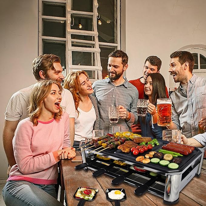 TAMARIT Raclette Cheese Table Grill Portable Electric Indoor Korean BBQ Griddle 1400 W Raclette Party Grill with Iron Nonstick Extra Large Cooking Plate for Home Party, Stainless Steel