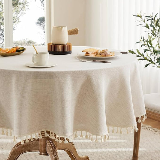 Linen Tablecloth with Tassels, Farmhouse Style Light Beige Tablecloth, Water Resistant Burlap Tablecloths for Round Table, 60 Inch Round Light Tan