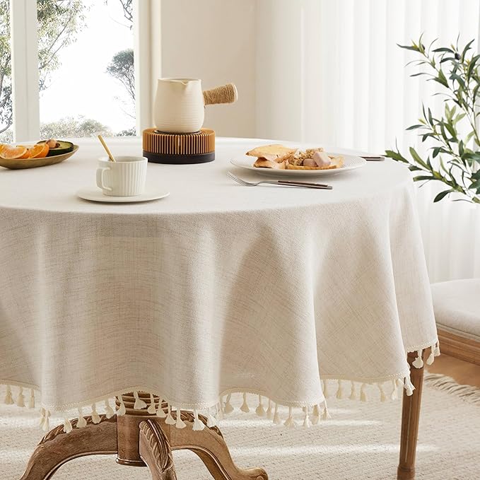 Linen Tablecloth with Tassels, Farmhouse Style Light Beige Tablecloth, Water Resistant Burlap Tablecloths for Round Table, 52 Inch Round Light Tan