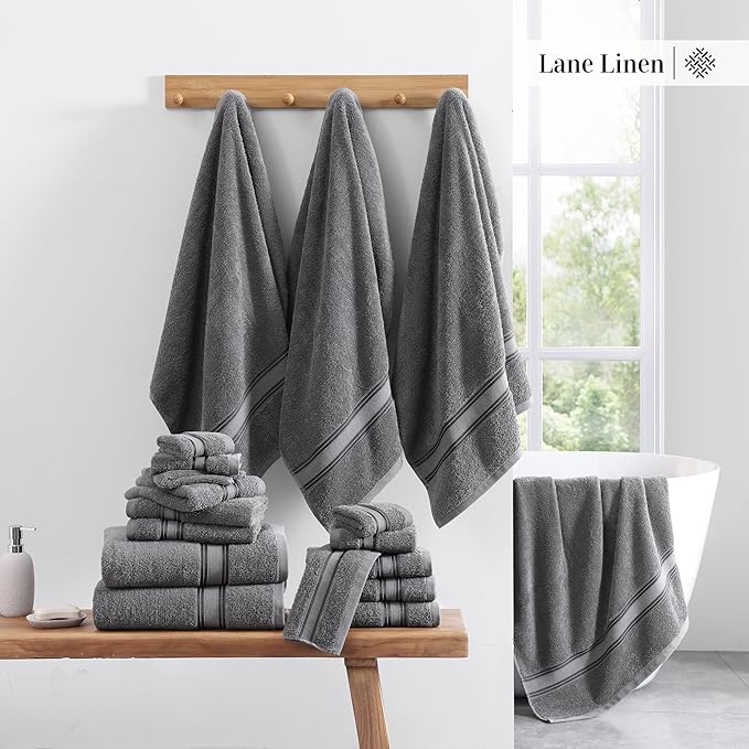 LANE LINEN 100% Mercerized Cotton Bath Towels Set of 18 – Zero Twist, 6 Bath, 6 Hand Towel & 6 Washcloths, Soft, Ideal for Spa Hotel & Home, Gentle on Body, Durable After Multiple Washes – Cool Grey