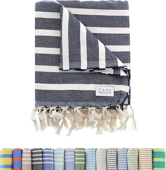 Large Turkish Beach Towel, Striped Navy & Natural - 37'' x 67'' - Super Soft & Lightweight - Quick Dry Sand Free Travel Towels for Beach or Bath - Gifts
