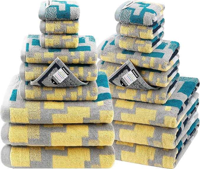 SEMAXE 18-Pack Bath Towel Set Include 6 Bath Towels, 6 Hand Towels, 6 Wash Cloths, 100% Cotton Bathroom Towels with Hanging Loops, Soft and Absorbent Towel, Colorful Towel - Checkered Collection