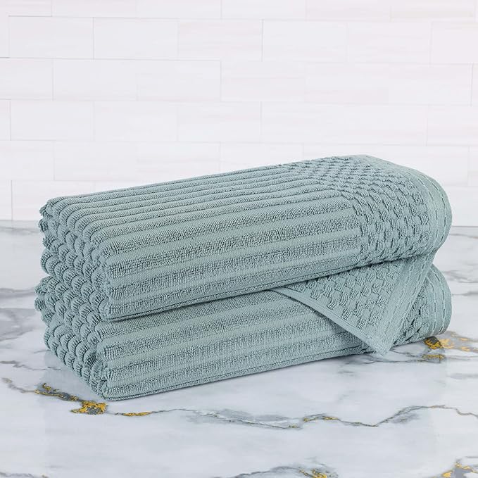 Cotton 2-Piece Solid and Ribbed Bath Towel Set, Bath Towels- 27" x 54", Basil by Superior