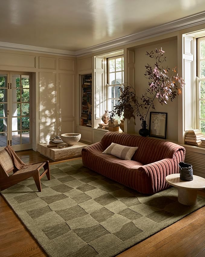 Loloi Leanne Ford Craven Collection CVN-03 Green/Olive 2'-6" x 9'-9" Runner Rug Checkered, Patterned, Neutral, Hallway, Kitchen, Mudroom, and Bathroom