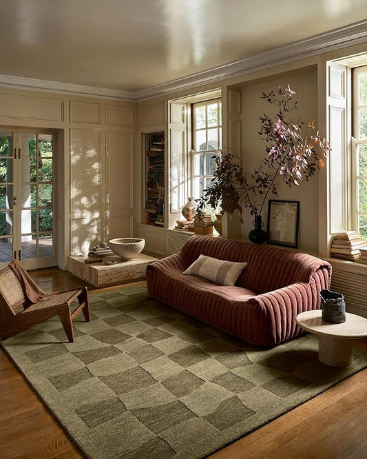 Loloi Leanne Ford Craven Collection CVN-03 Green/Olive 2'-6" x 9'-9" Runner Rug Checkered, Patterned, Neutral, Hallway, Kitchen, Mudroom, and Bathroom