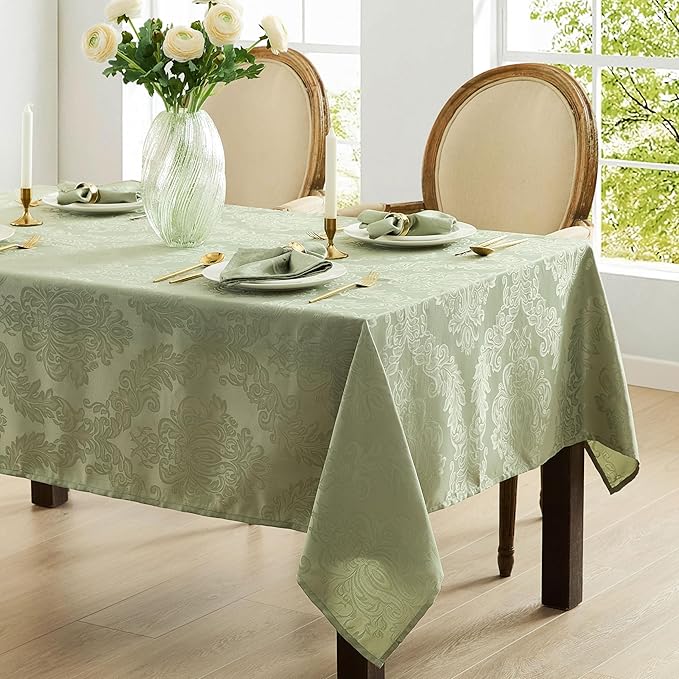 Newbridge Christmas Barcelona Damask Fabric Tablecloth, 52 x 70 Inch Rectangle, Sage Green – No Iron, Soil Resistant Table Cover for Dining, Parties and Holidays