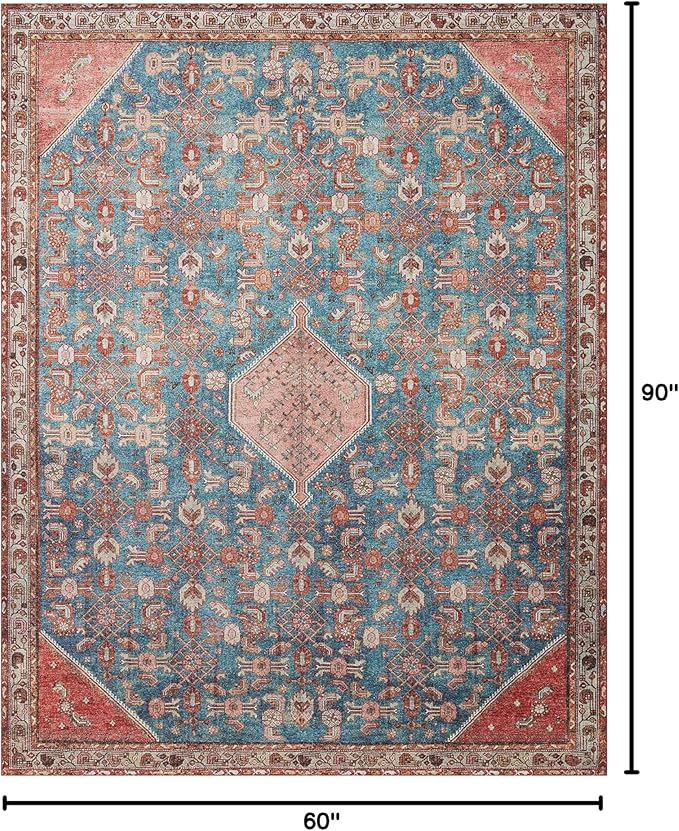 Loloi Layla Collection LAY-10 Marine/Clay 5'-0" x 7'-6" .13" Thick Area Rug, Soft, Durable, Vintage Inspired, Distressed, Low Pile, Non-Shedding, Easy Clean, Printed, Living Room Rug