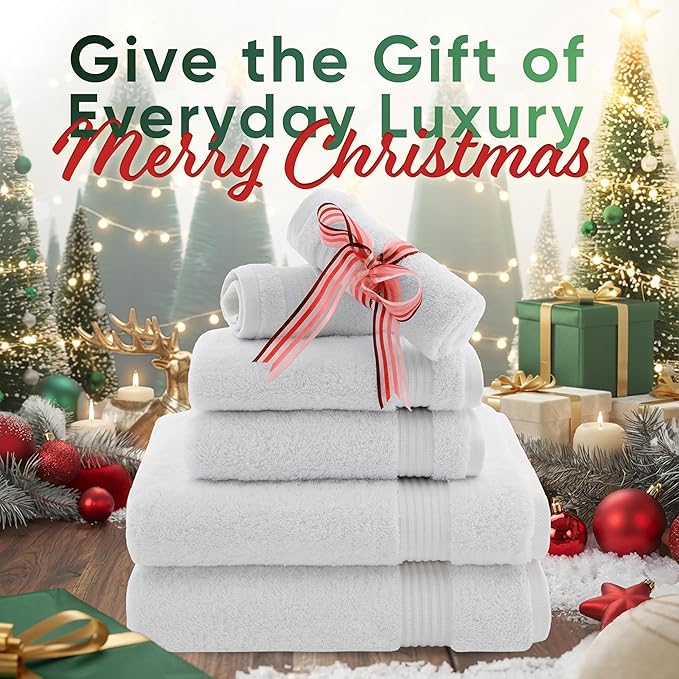 American Veteran Towel, 6 Piece Towel Set for Bathroom, 100% Cotton Turkish Bathroom Towels, 2 Bath Towels 2 Hand Towels 2 Washcloths, White