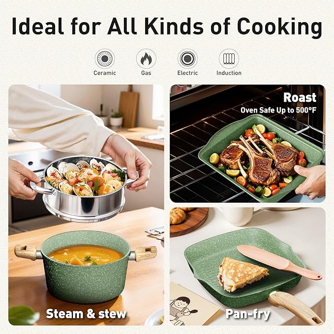 DishDelight Pots and Pans Set Non Stick, 17 Pieces Granite Kitchen Cookware Sets with Nonstick Granite Coating, Induction Cooking Set for Present, Green