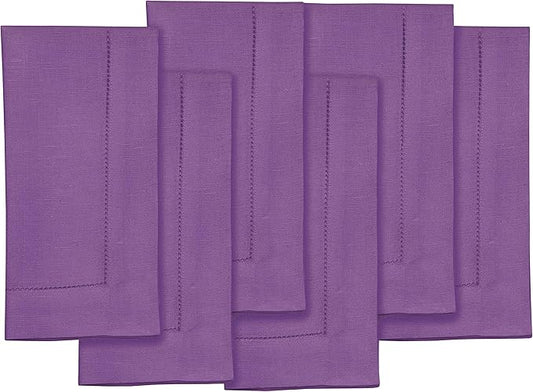 Solino Home Purple Linen Napkins Set of 6-100% Pure Linen Hemstitch Dinner Napkins 20 x 20 Inch for Valentines, New Year - Classic Hemstitch