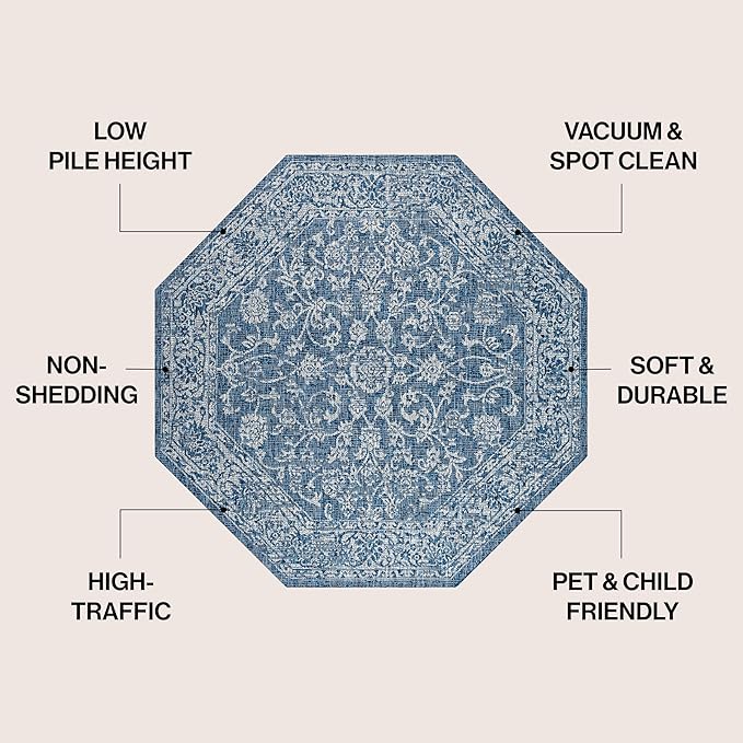 JONATHAN Y Weave Floral Indoor Outdoor Octagon Area Rug 8 Ft Navy/Gray, Tela Bohemian Textured for Backyard, Patio, Porch, Easy-Cleaning, High Traffic, Pet-Friendly, Non-Shedding (SMB100B-8TGN)