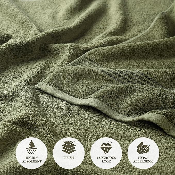 Superior Egyptian Cotton Bath Towel Set, Home Bathroom Towels, Master, Guest Bath, Decor Essentials, Quick Dry, Absorbent, Large Body Towels, Spa, Hotel, Resort, Adult, Kids, Set of 4, Forest Green