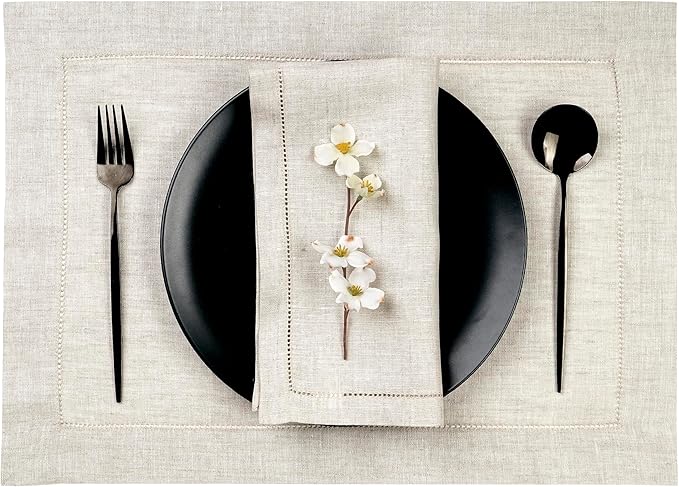 D'Moksha Homes Light Natural Linen Cloth Placemats Set of 4-100% Pure Linen Hemstitch Placemats 14 x 19 Inch - Classic Hemstitch Table Place Mats for Christmas - Handcrafted, Machine Washable