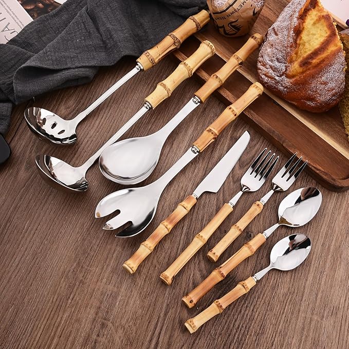 Soup Ladle and Slotted Spoon Set, 304 Stainless Steel Serving Utensils with Natural Bamboo Handle, Soup Spoons For Serving Gravy Hot Pot Or Restaurant, 10.2 Inch, 4 PCS / 2 of Each