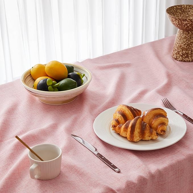 Linen Tablecloth with Tassels, Farmhouse Style Pink Tablecloth, Water Resistant Burlap Tablecloths for Rectangle Table, 52x70 Inch Pink