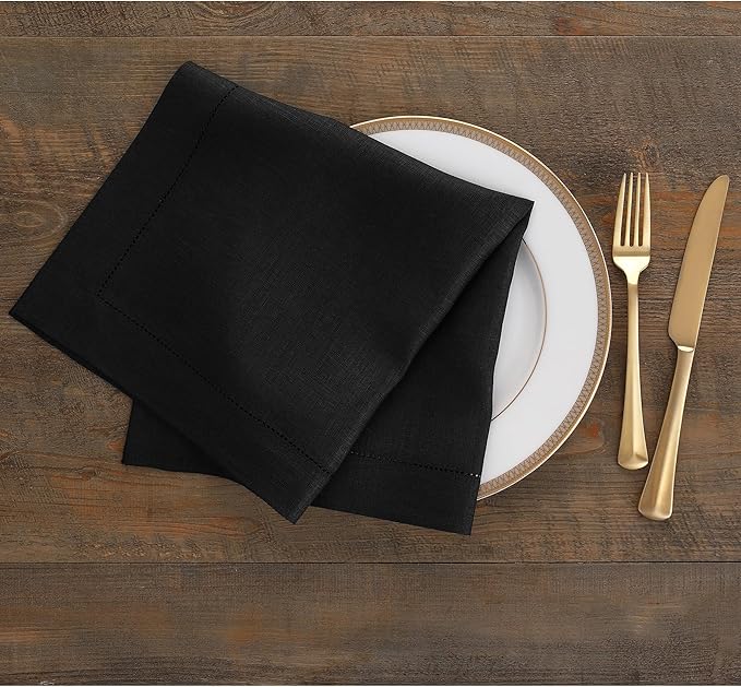 Solino Home Black Linen Napkins Set of 6-100% Pure Linen Hemstitch Dinner Napkins 20 x 20 Inch for Winter, Holiday, New Year - Classic Hemstitch