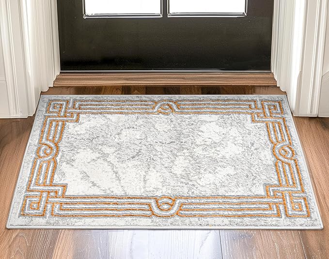 Well Woven Fairmont Collection Huntington Grey Gold & Ivory Marble Border Elegant & Soft 2x3 Mat Rug Perfect for Entryway & Bedroom Durable Stain Resistant & Easy to Clean