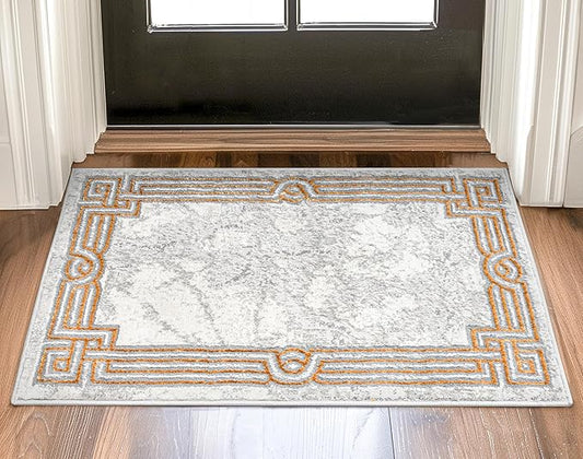 Well Woven Fairmont Collection Huntington Grey Gold & Ivory Marble Border Elegant & Soft 2x3 Mat Rug Perfect for Entryway & Bedroom Durable Stain Resistant & Easy to Clean