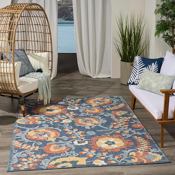 Nourison Home Aloha Blue Rose 5'3" x 7'5" Area Rug - Easy Clean, Non Shedding, Bed Room, Living Room, Dining Room, Kitchen (5' x 8')