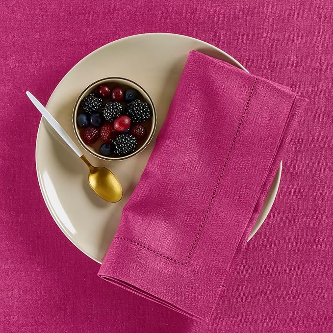 Solino Home Linen Napkins Set of 4 - Medium Weight 100% Pure Linen Hemstitch Festive Fuchsia Dinner Napkins Cloth 20 x 20 Inch for Valentines - Handcrafted and Machine Washable