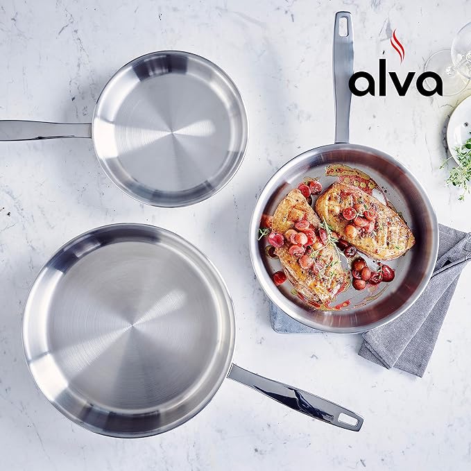 Alva Maestro Stainless Steel Frying Pan 8" - Oven Safe and Made without PFAS, PFOA & PTFE - Induction and All Stovetop Compatible with Even Heat Distribution