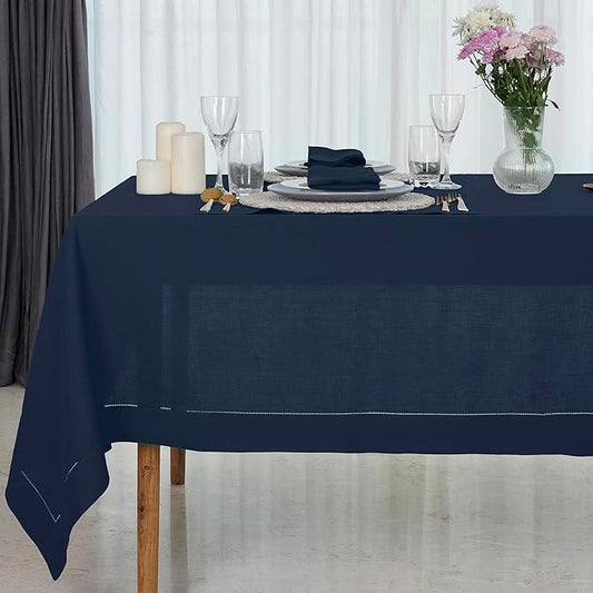 D'Moksha Homes Navy Blue Linen Tablecloth for Rectangle Tables 60 x 90 Inch - 100% Pure Linen Navy Table Cloth - Classic Hemstitch, Machine Washable Tablecloth for Winter, Christmas, Holiday, New Year