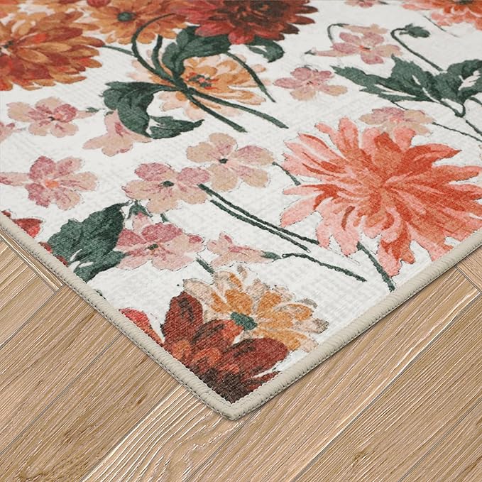 Laura Ashley Beige Dahlias Floral Machine Washable & Slip Resistant 26" x 60" Runner Rug