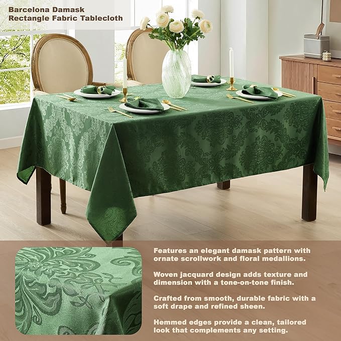 Newbridge Christmas Barcelona Damask Fabric Tablecloth, 52 x 70 Inch Rectangle, Hunter Green – No Iron, Soil Resistant Table Cover for Dining, Parties and Holidays