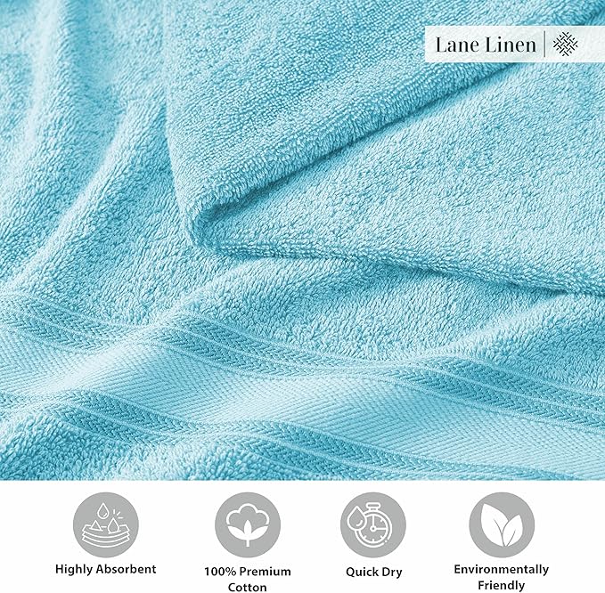 LANE LINEN Luxury Towel Set for Bathroom – 12-Pack 100% Cotton, Zero Twist, Includes 4 Bath, 4 Hand & 4 Washcloth, Suitable for All Body Types, Soft & Quick Dry, Ideal for Airbnb & Spa - Blue