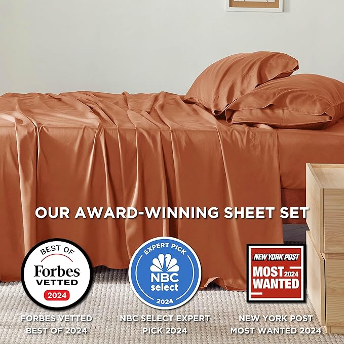 Bedsure California King Sheet Sets, Cooling Sheets, Rayon Derived from Bamboo, Breathable & Soft, Deep Pocket Up to 16 Inches, Hotel Luxury Silky Bedding for Hot Sleepers, Burnt Orange