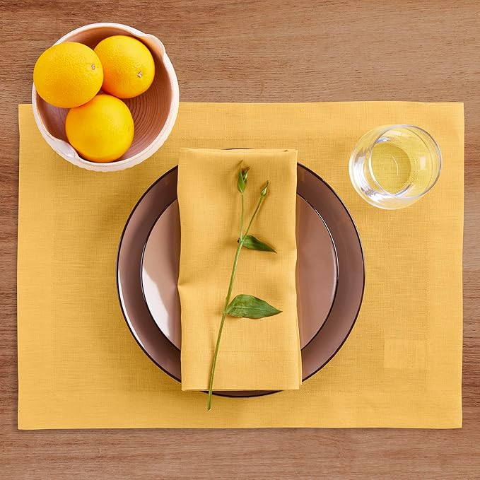 Solino Home Linen Placemats Set of 4 - Mustard Yellow Placemats 14 x 19 Inch - 100% Pure Linen Table Place Mats - Fete