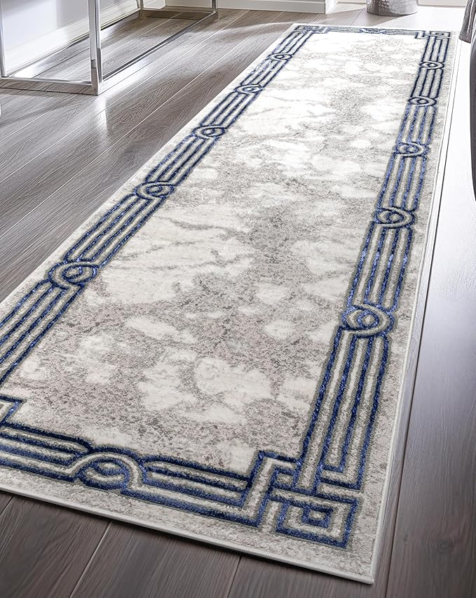 Well Woven Lezlee Abstract Modern 2'3" x 7'3" Runner Rug - Blue Marble Border - for Hallway, Entryway, Kitchen