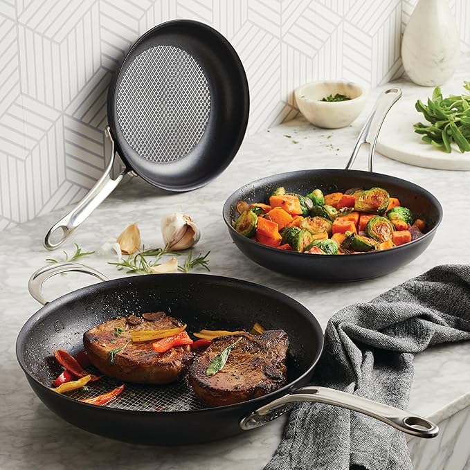 Anolon X Hybrid Nonstick Cookware Frying Pans/Skillet Set, Induction Suitable, 8 Inch, 10 Inch, and 12 Inch - Charcoal Gray