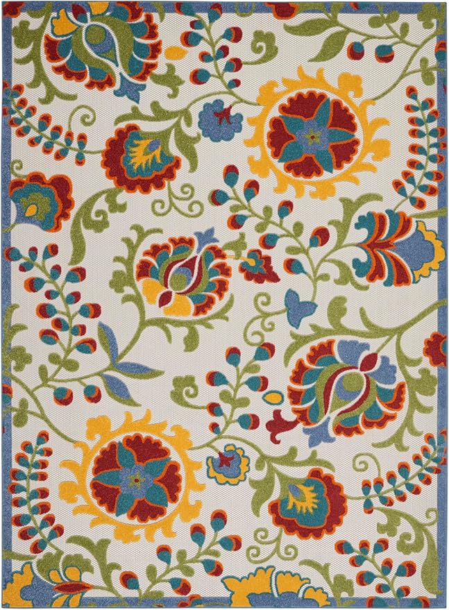 Nourison Aloha Indoor/Outdoor Ivory/Multi 7' x 10' Area -Rug, Easy -Cleaning, Non Shedding, Bed Room, Living Room, Dining Room, Backyard, Deck, Patio (7x10)
