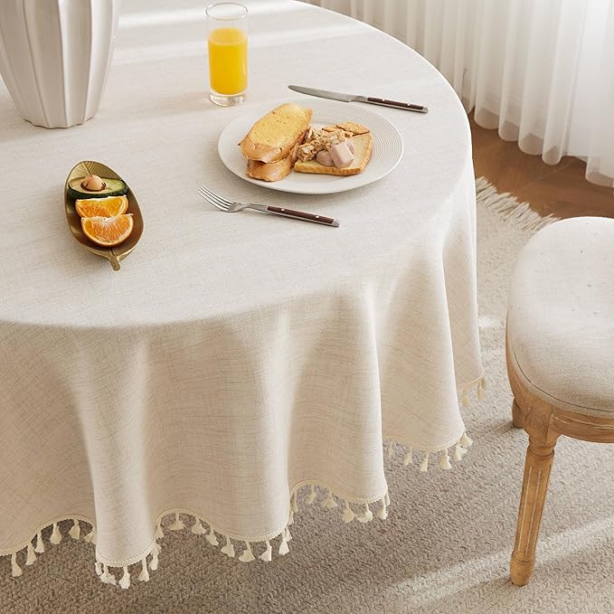 Linen Tablecloth with Tassels, Farmhouse Style Light Beige Tablecloth, Water Resistant Burlap Tablecloths for Round Table, 60 Inch Round Light Tan