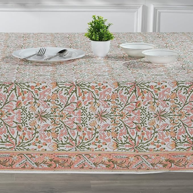 Ridhi Sassy Salmon Emerald Green Hand Block Print Cotton Rectangle Tablecloth 108" x 60" inches Reusable Table Cover Decorative Everyday Use for Dining, Farmhouse, Home, Party, Festive, Wedding, Fall
