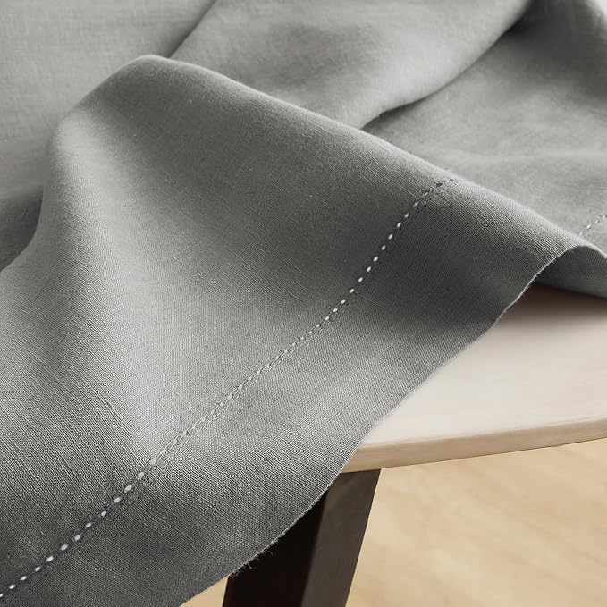 Solino Home Grey Linen Tablecloth 70 x 132 Inch - 100% Pure Linen Hemstitch Table Cloth for Rectangle Tables - Sonoma Hemstitch, Machine Washable Tablecloth