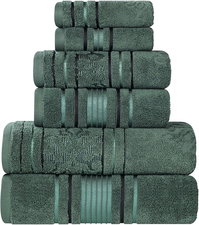 Superior Cotton 6 Piece Assorted Floral Towel Set, 2 Bath, 2 Hand, 2 Washcloth/Face Towels, Quick Dry, Home Essentials, Shower, Spa, Luxury Plush Soft Absorbent Towels, Zero Twist, Forest Green