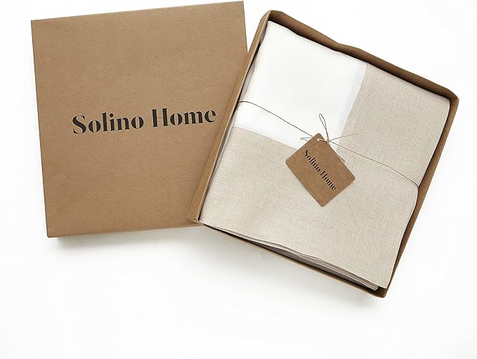 Solino Home Linen Tablecloth 60 x 108 Inch - 100% Pure Linen Natural and White Table Cloth for Rectangle Tables - Contempo, Machine Washable Tablecloth for Winter, New Year