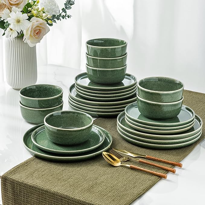 AmorArc Stoneware Dinnerware Sets,Round Reactive Glaze Ceramic Plates and Bowls Sets,Highly Scrath Resistant | Dishwasher & Microwave Safe,Service for 8 Dishes Set (24pc)