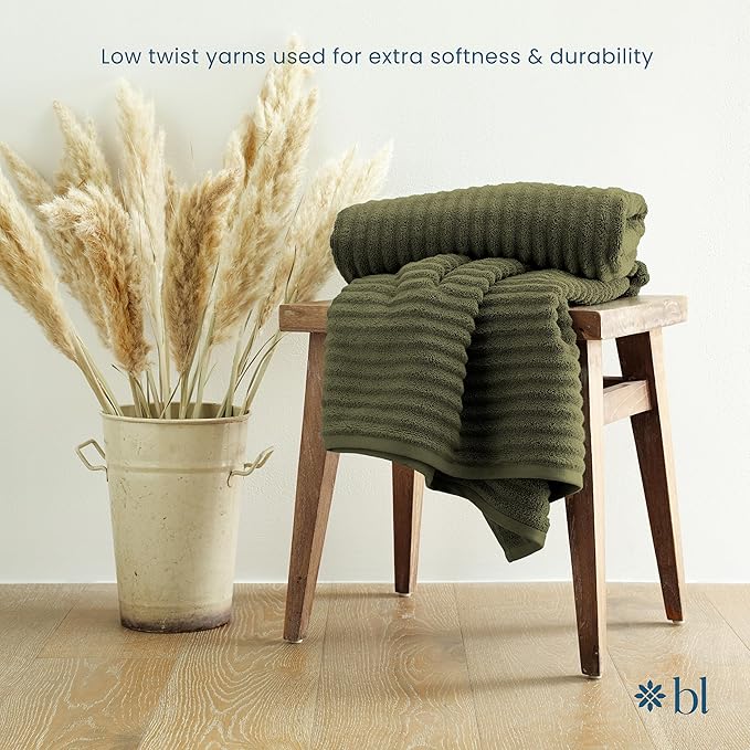 Blue Loom Ribbed Bath Towels Set, 100% Cotton 600GSM, Soft Absorbent Durable 2 Bath Towels, 2 Hand Towels, 2 Wash Cloths for Bathroom - Mason (58" x 30" inch Towels) (Moss, 6 Piece)