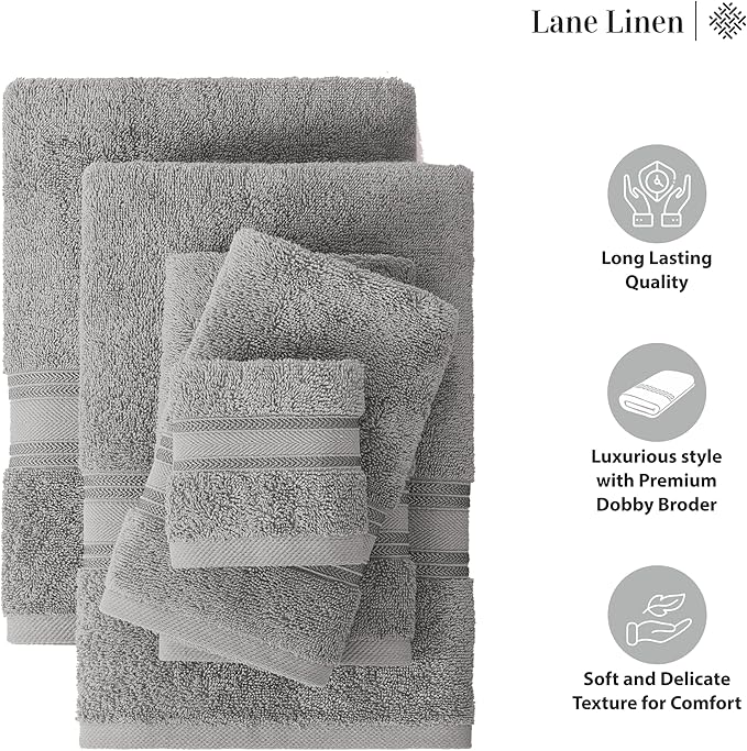 LANE LINEN 18 Pack Towels for Bathroom – 100% Mercerized Cotton, Zero Twist, 6 Bath, 6 Hand Towel & 6 Wash Cloths,Gentle on Body, Highly Absorbent, Remains Soft After Wash, Hotel & Spa Quality – Grey