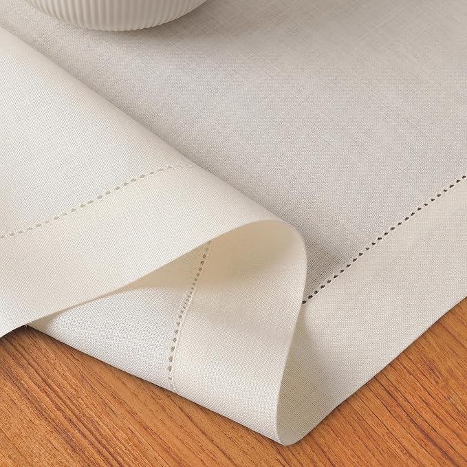 D'Moksha Homes Linen Ivory Table Runner 120 Inches Long - 100% Pure Linen Hemstitch 14 x 120 Inch Table Runner for Dining, Winter, Holiday, New Year - Classic Hemstitch